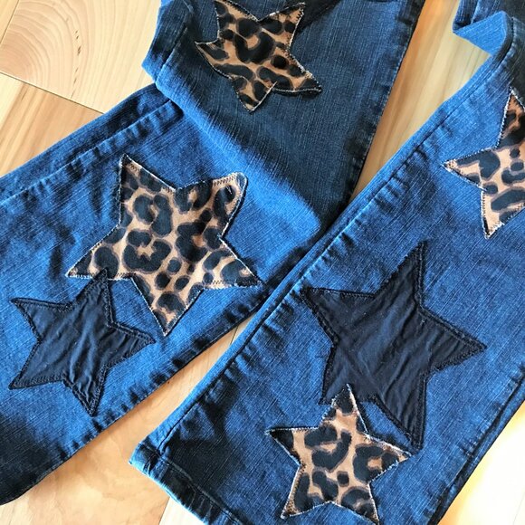Patchwork Jeans, Size 12 Short: Boho Hippie Pants, Leopard Print Stars - Picture 6 of 14
